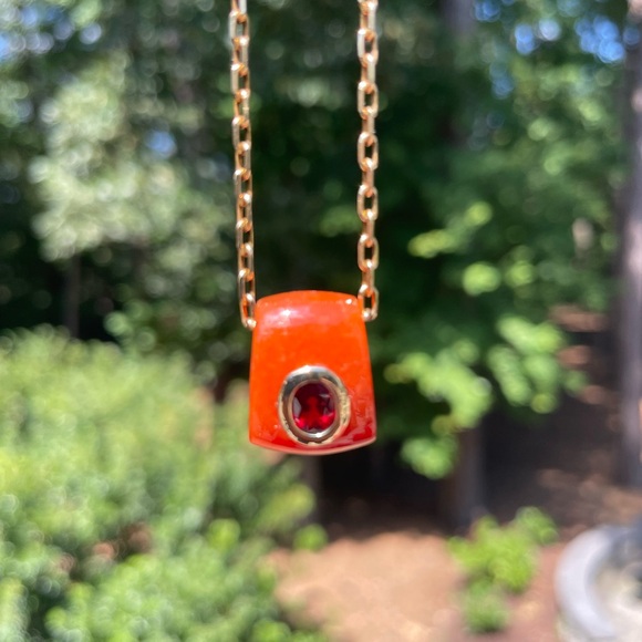 Vintage Genuine Orange Carnelian and Red Garnet 14k gold Pendant - beautiful! - Picture 3 of 16